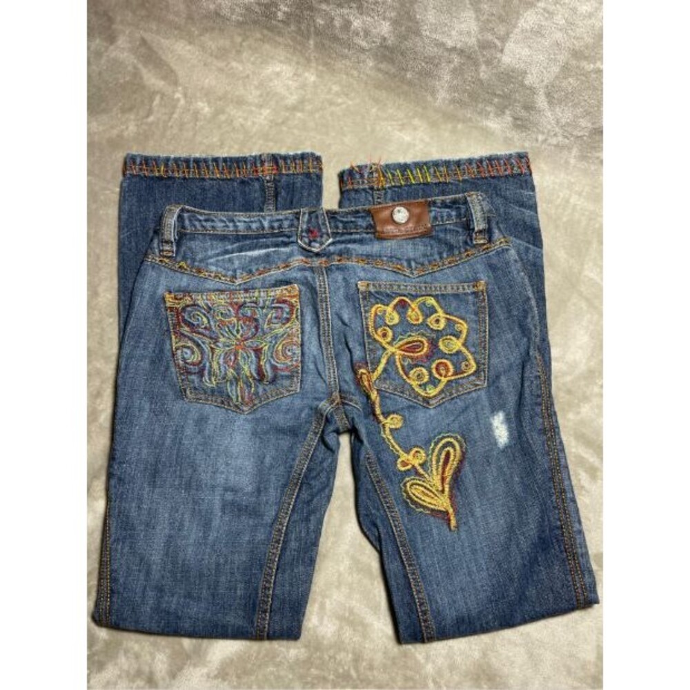 Antik Denim Y2K Flare Jeans Women Size 29 Denim Embroidered Low Rise - Picture 11 of 12